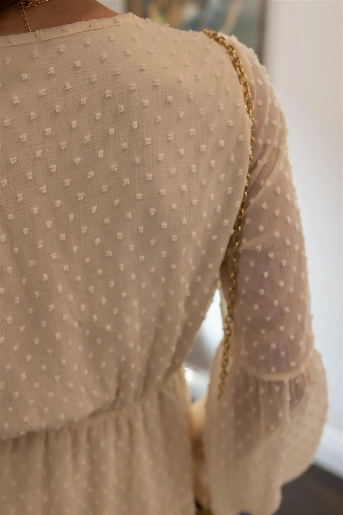 Cream Textured Dot Mesh Button Up Tie Waist Mini Dress /2-2-2 - Tasha Apparel Wholesale