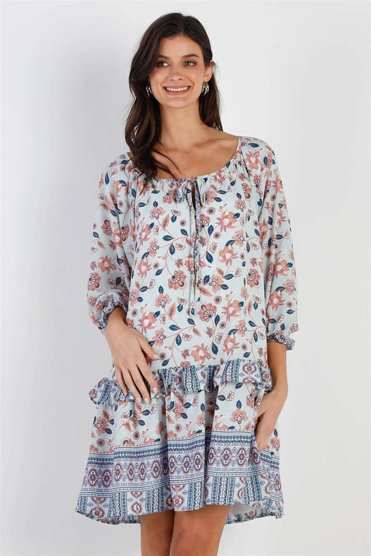 Blue Multi Color Floral Print Ruffle Details Self-Tie Neck Mini Dress /2-2 - Tasha Apparel Wholesale