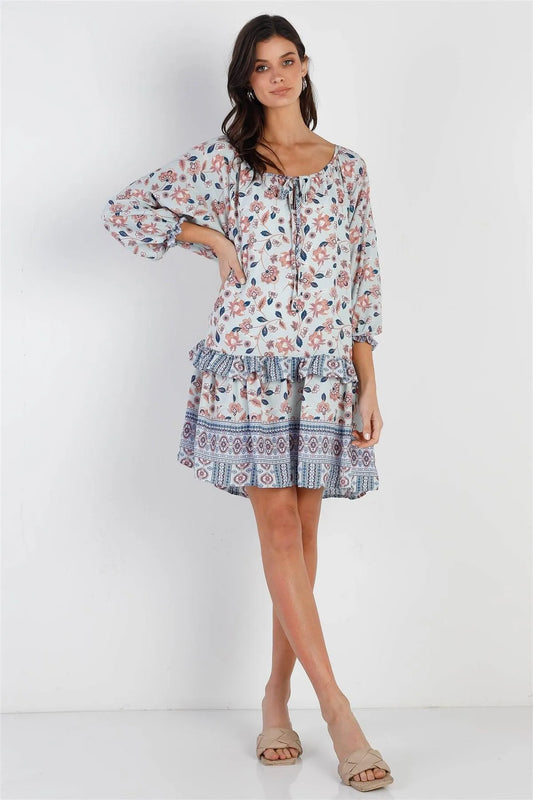Blue Multi Color Floral Print Ruffle Details Self-Tie Neck Mini Dress /3-2-1 - Tasha Apparel Wholesale