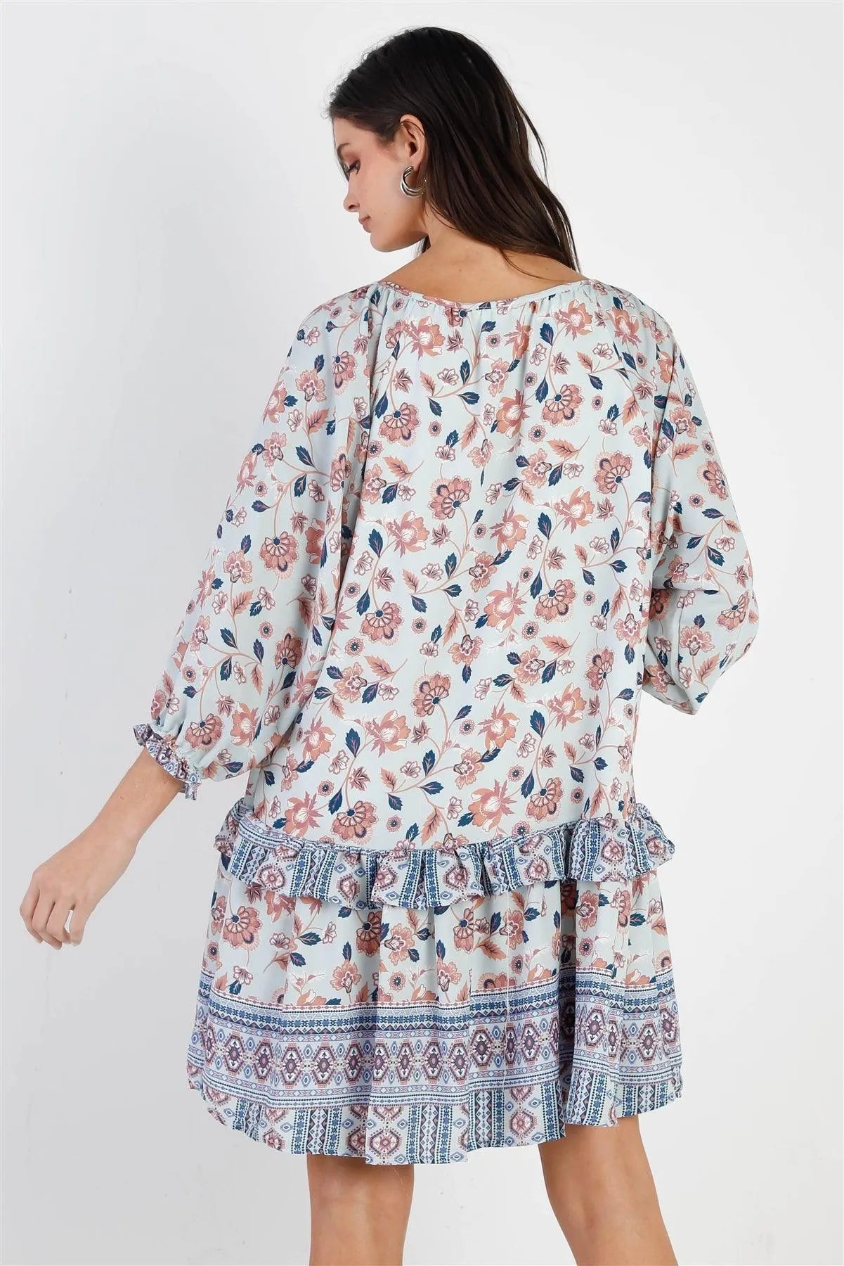 Blue Multi Color Floral Print Ruffle Details Self-Tie Neck Mini Dress /3-2-1 - Tasha Apparel Wholesale