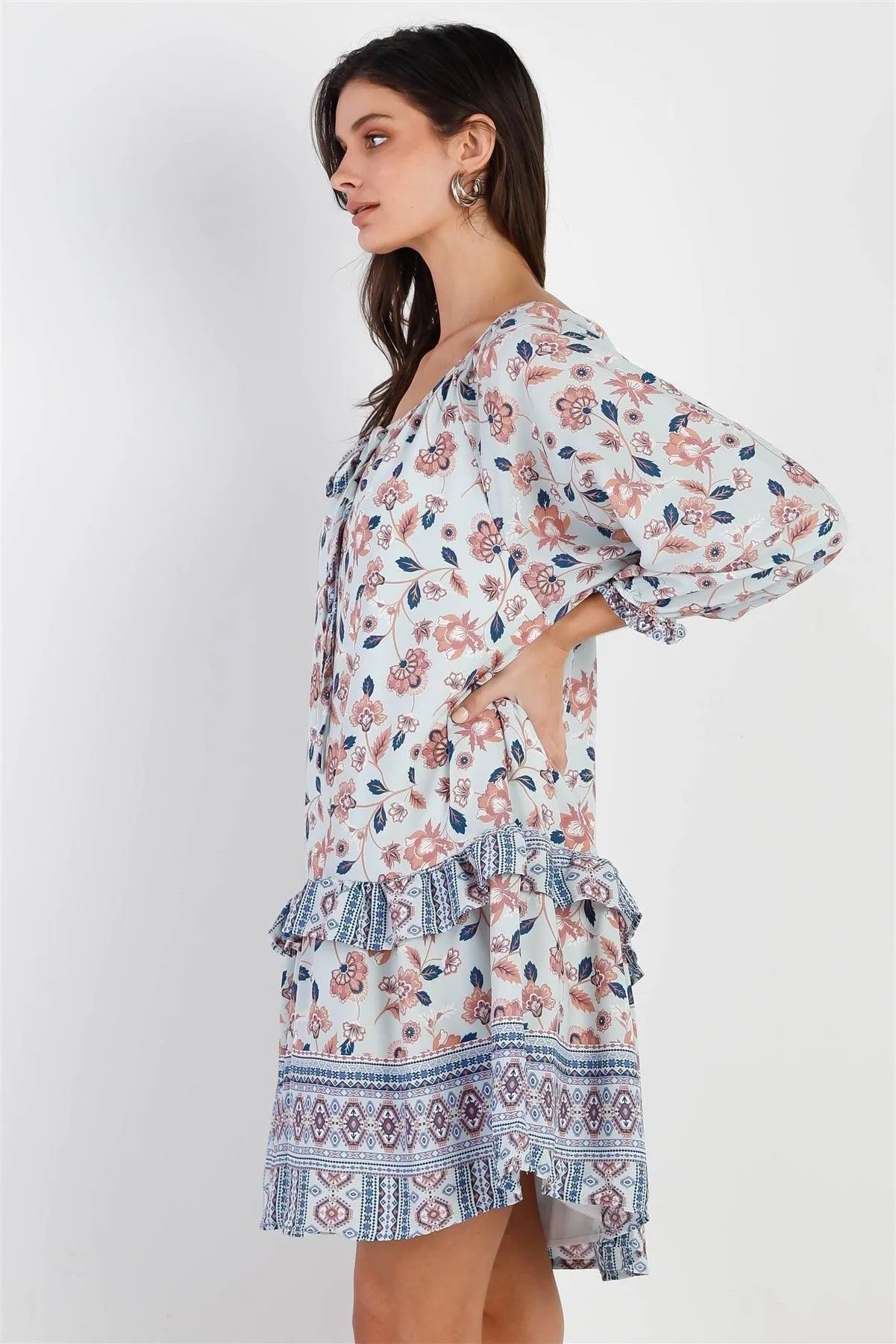 Blue Multi Color Floral Print Ruffle Details Self-Tie Neck Mini Dress /3-2-1 - Tasha Apparel Wholesale