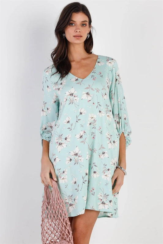 Mint Floral Print V-Neck Balloon Midi Sleeve Mini Dress /1-2-2 - Tasha Apparel Wholesale