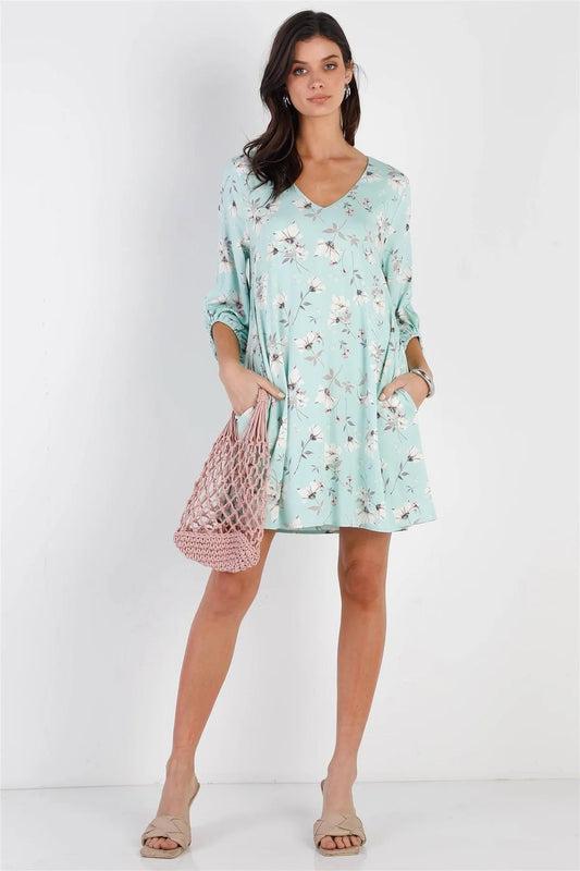 Mint Floral Print V-Neck Balloon Midi Sleeve Mini Dress /2-2-2 - Tasha Apparel Wholesale