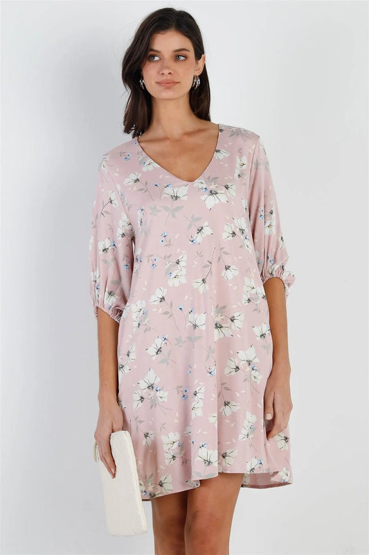 Pink Floral Print V-Neck Balloon Midi Sleeve Mini Dress - Tasha Apparel Wholesale