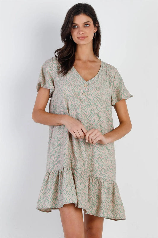 Peach & Mint Leaf Print Ruffle Hem Button Up Detail Mini Dress /2-2-1 - Tasha Apparel Wholesale