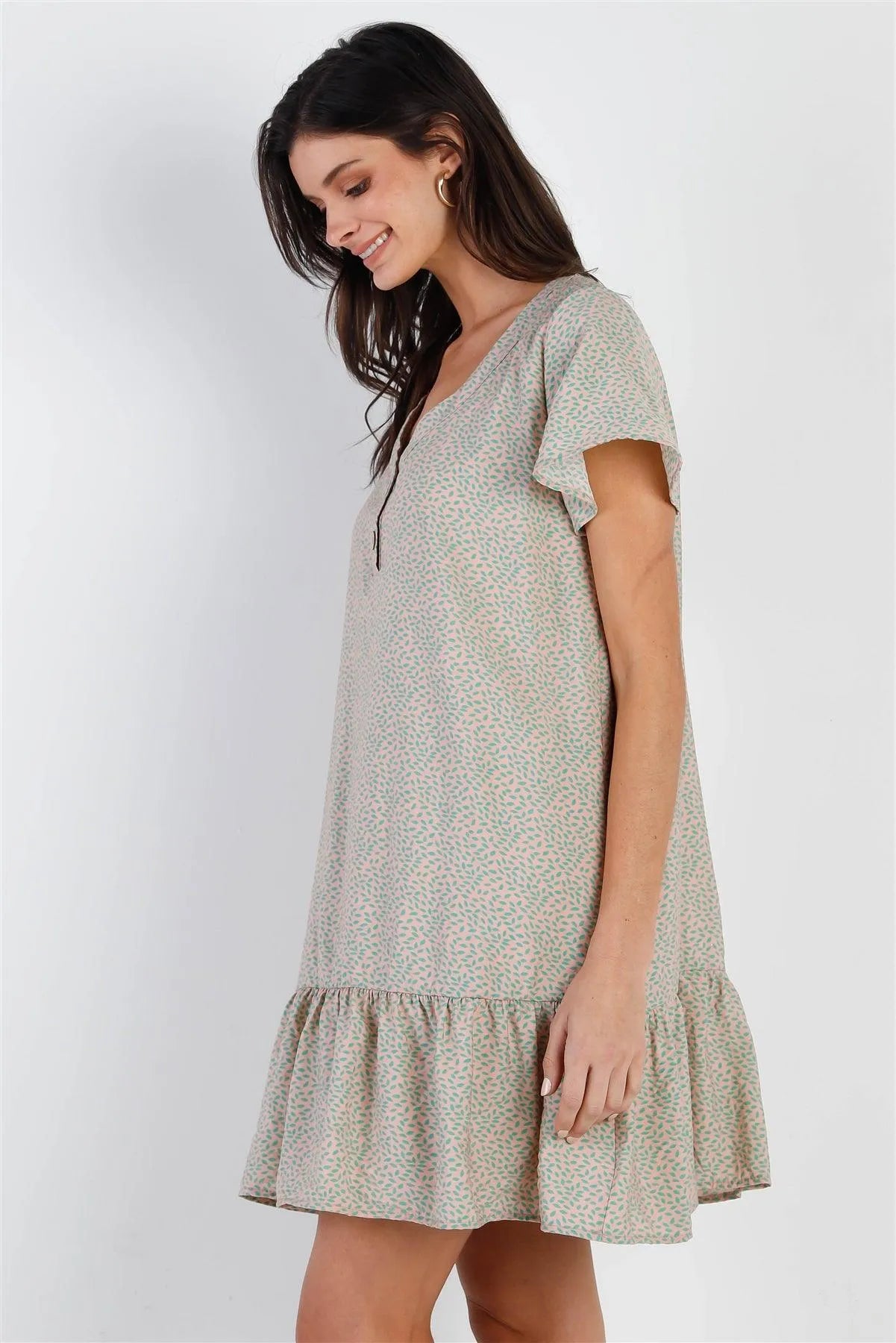 Peach & Mint Leaf Print Ruffle Hem Button Up Detail Mini Dress /2-2-1 - Tasha Apparel Wholesale