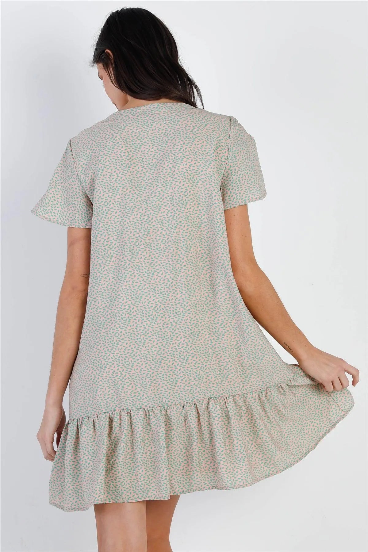 Peach & Mint Leaf Print Ruffle Hem Button Up Detail Mini Dress /2-2-1 - Tasha Apparel Wholesale