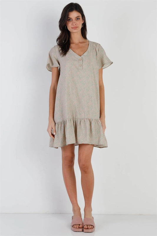 Peach & Mint Leaf Print Ruffle Hem Button Up Detail Mini Dress /3-2-1 - Tasha Apparel Wholesale