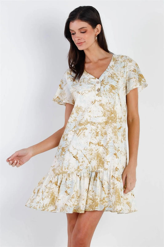 Olive & Taupe Color Paint Print Ruffle Hem Button Up Detail Mini Dress /3-2-1 - Tasha Apparel Wholesale