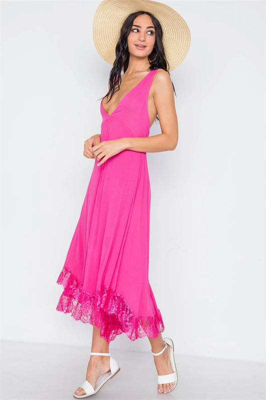 Pink Yarrow Deep Plunging V Neckline Loose Maxi Dress /3-3 - Tasha Apparel Wholesale