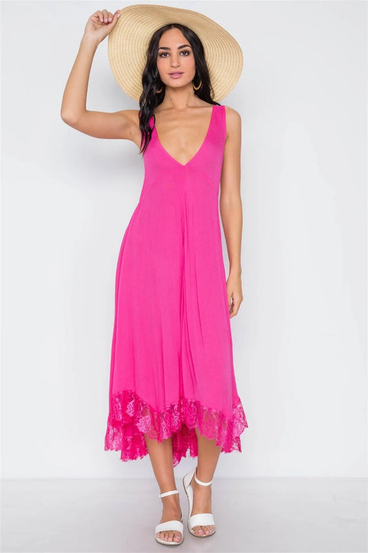 Pink Yarrow Deep Plunging V Neckline Loose Maxi Dress /3-2-1 - Tasha Apparel Wholesale