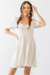 Beige Cable Knit Puff Short Sleeve Back Tie Mini Dress /2-2-2 - Tasha Apparel Wholesale