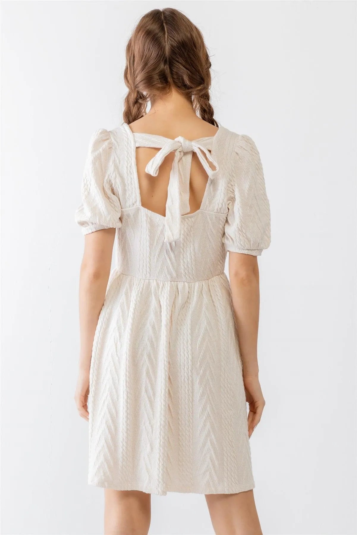 Beige Cable Knit Puff Short Sleeve Back Tie Mini Dress /2-2-2 - Tasha Apparel Wholesale