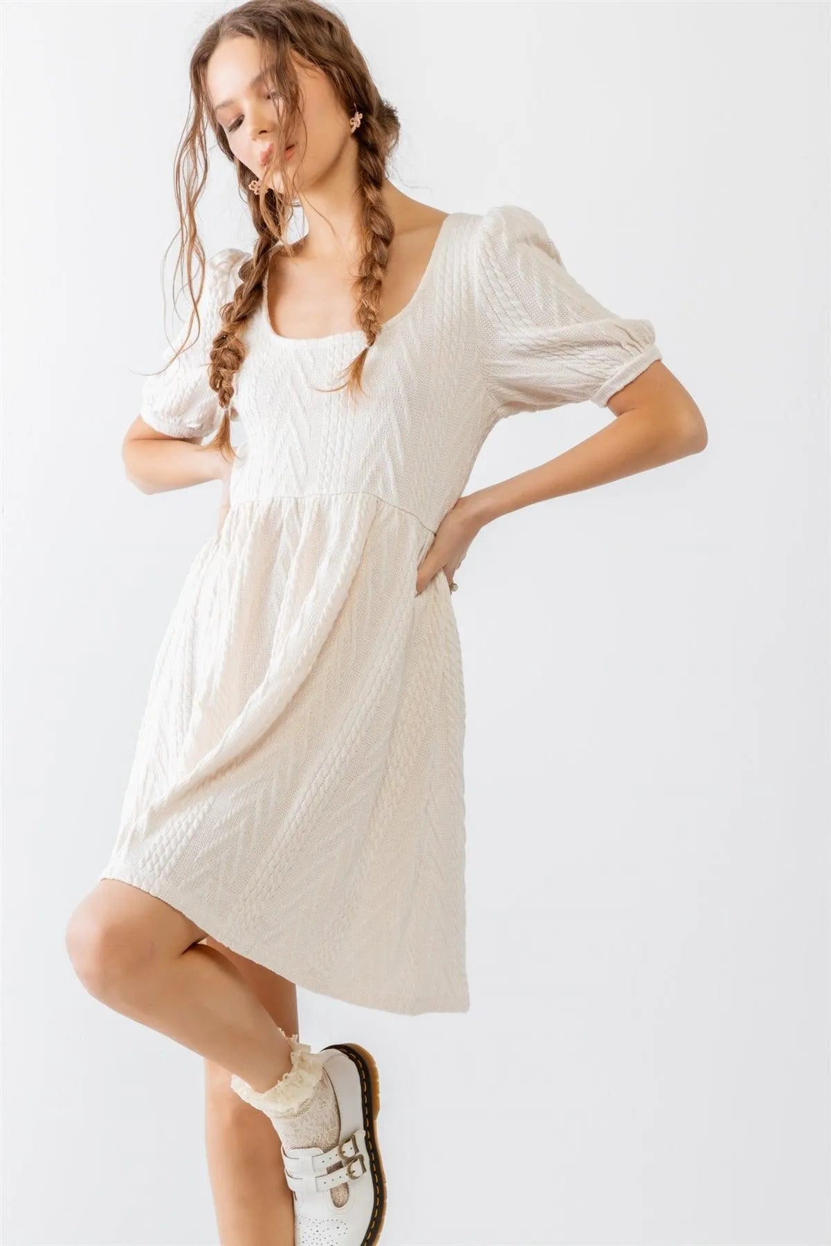 Beige Cable Knit Puff Short Sleeve Back Tie Mini Dress /2-2-2 - Tasha Apparel Wholesale