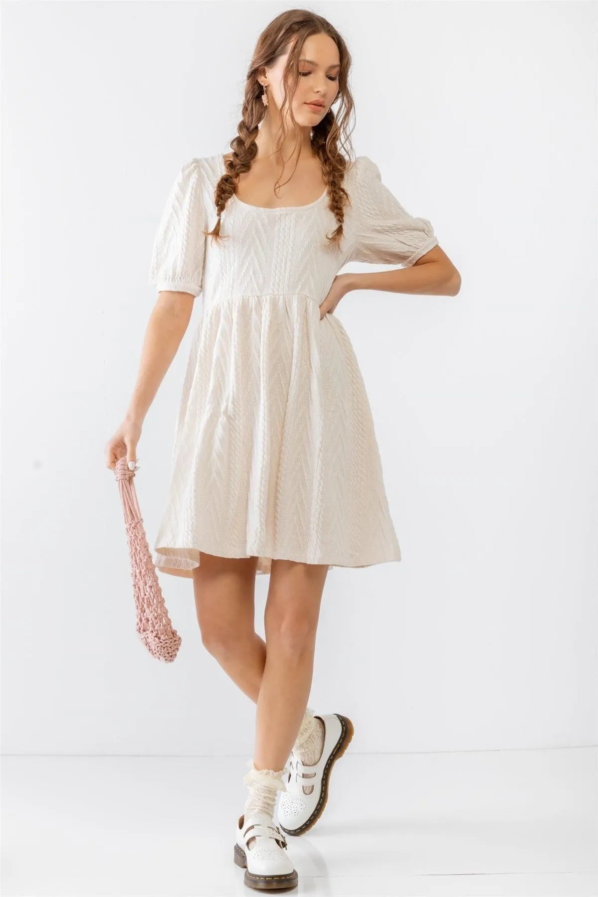 Beige Cable Knit Puff Short Sleeve Back Tie Mini Dress /2-2-2 - Tasha Apparel Wholesale
