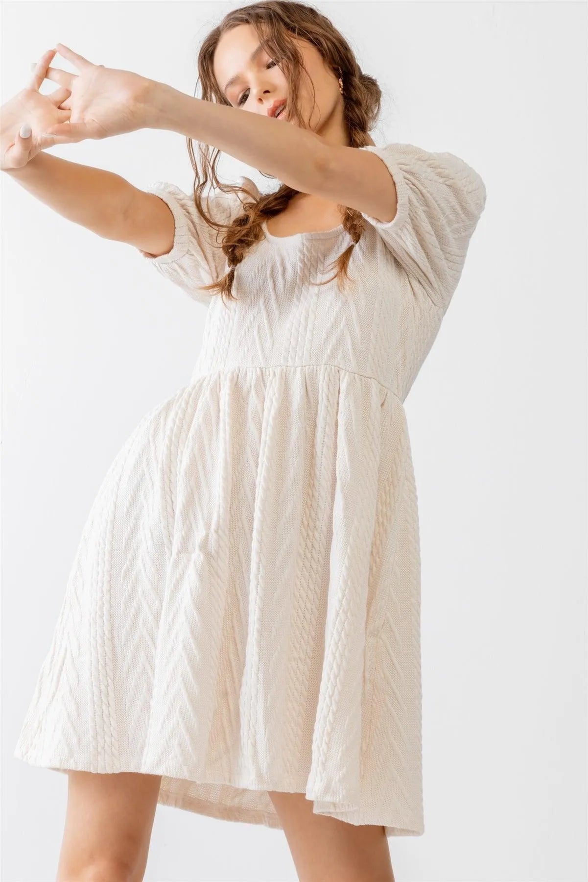 Beige Cable Knit Puff Short Sleeve Back Tie Mini Dress /2-2-2 - Tasha Apparel Wholesale
