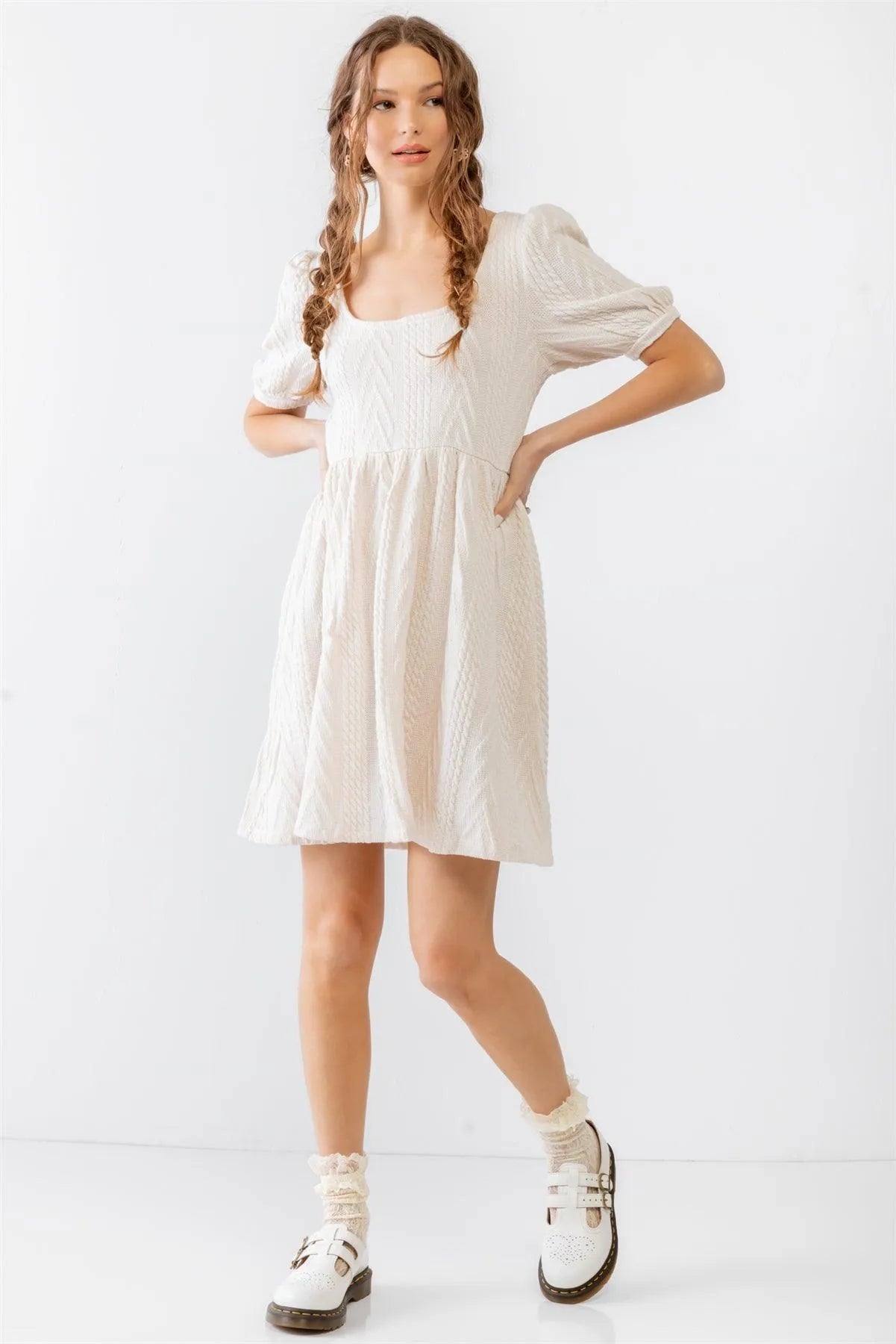 Beige Cable Knit Puff Short Sleeve Back Tie Mini Dress /2-2-2 - Tasha Apparel Wholesale