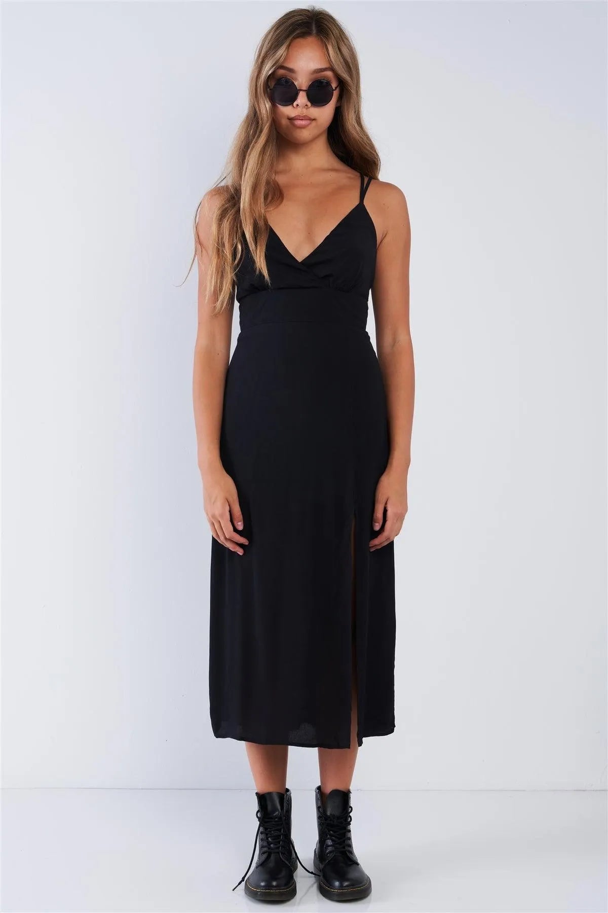 Wholesale Jet Black Trendy Criss Cross Back Leg Slit Maxi Dress /3-2-1
