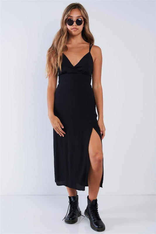 Jet Black Trendy Criss Cross Back Leg Slit Maxi Dress - Tasha Apparel Wholesale