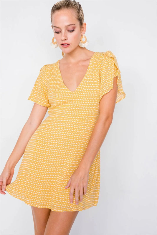 Yellow V-neck Open Back Mini Chic Sundress /3-2-1 - Tasha Apparel Wholesale