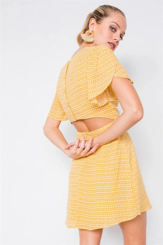 Yellow V-neck Open Back Mini Chic Sundress /4-2-1 - Tasha Apparel Wholesale