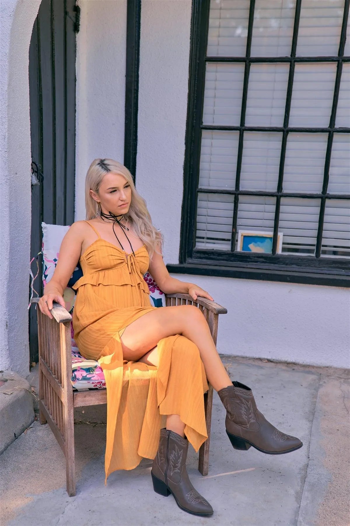 Mustard U-Shape Center Hem Metal Wire Semi-Sheer Dress /3-2-1 - Tasha Apparel Wholesale