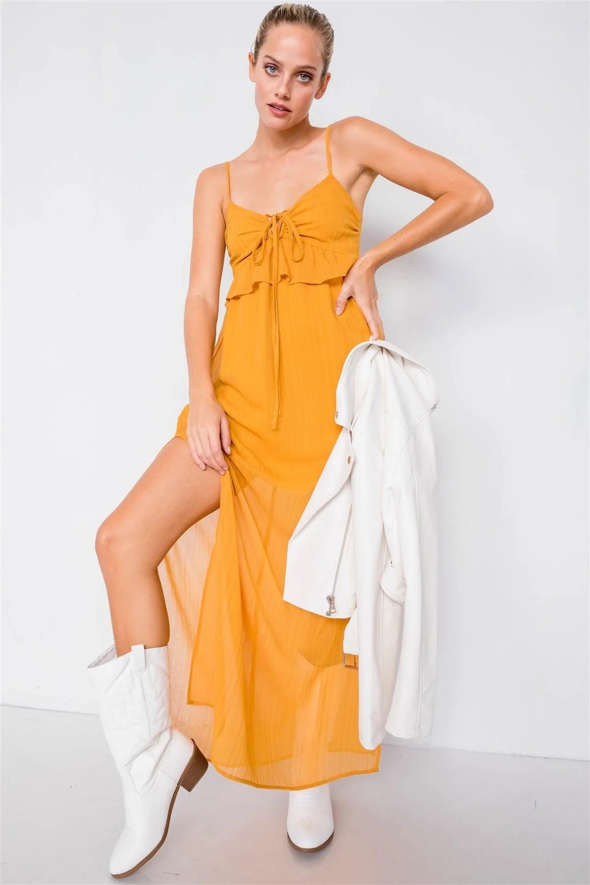 Mustard U-Shape Center Hem Metal Wire Semi-Sheer Dress /3-2-1 - Tasha Apparel Wholesale