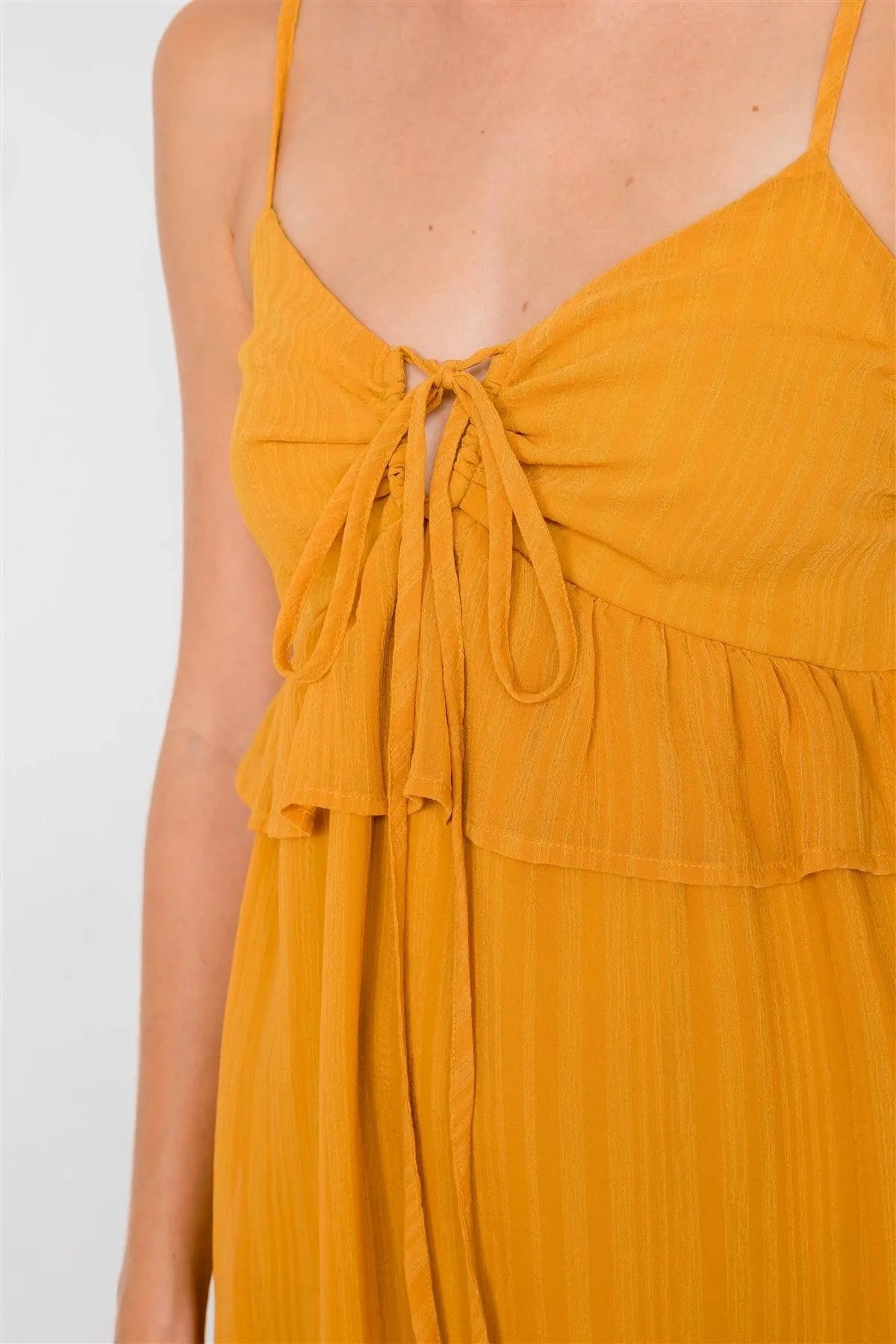 Mustard U-Shape Center Hem Metal Wire Semi-Sheer Dress /3-2-1 - Tasha Apparel Wholesale