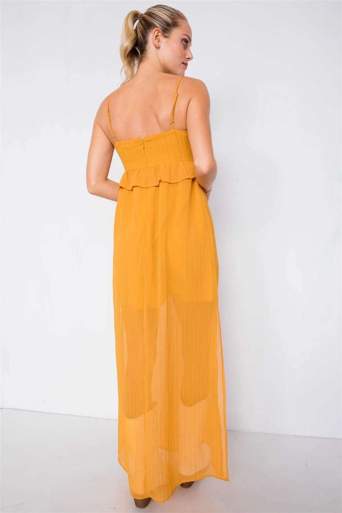 Mustard U-Shape Center Hem Metal Wire Semi-Sheer Dress /3-2-1 - Tasha Apparel Wholesale