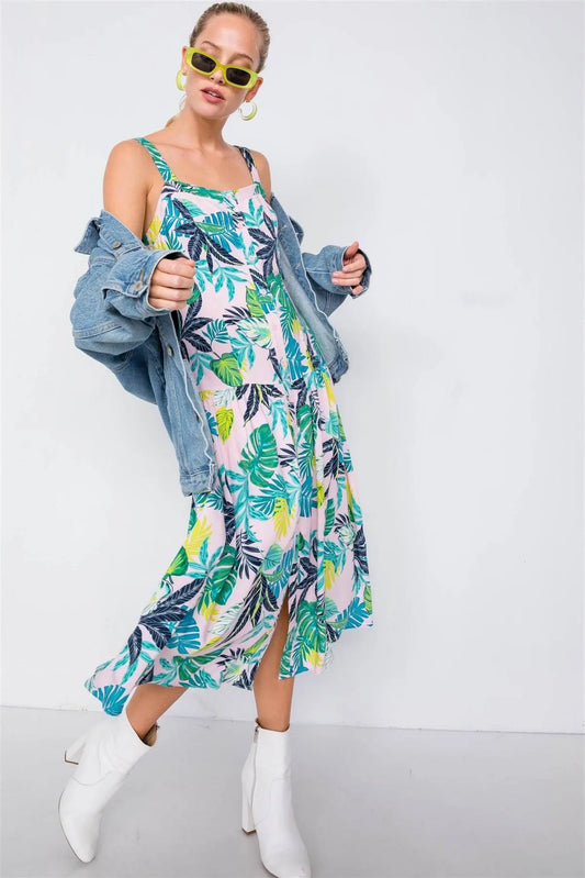 Pink Green Tropical Print Button Down Midi Dress /3-2-1 - Tasha Apparel Wholesale