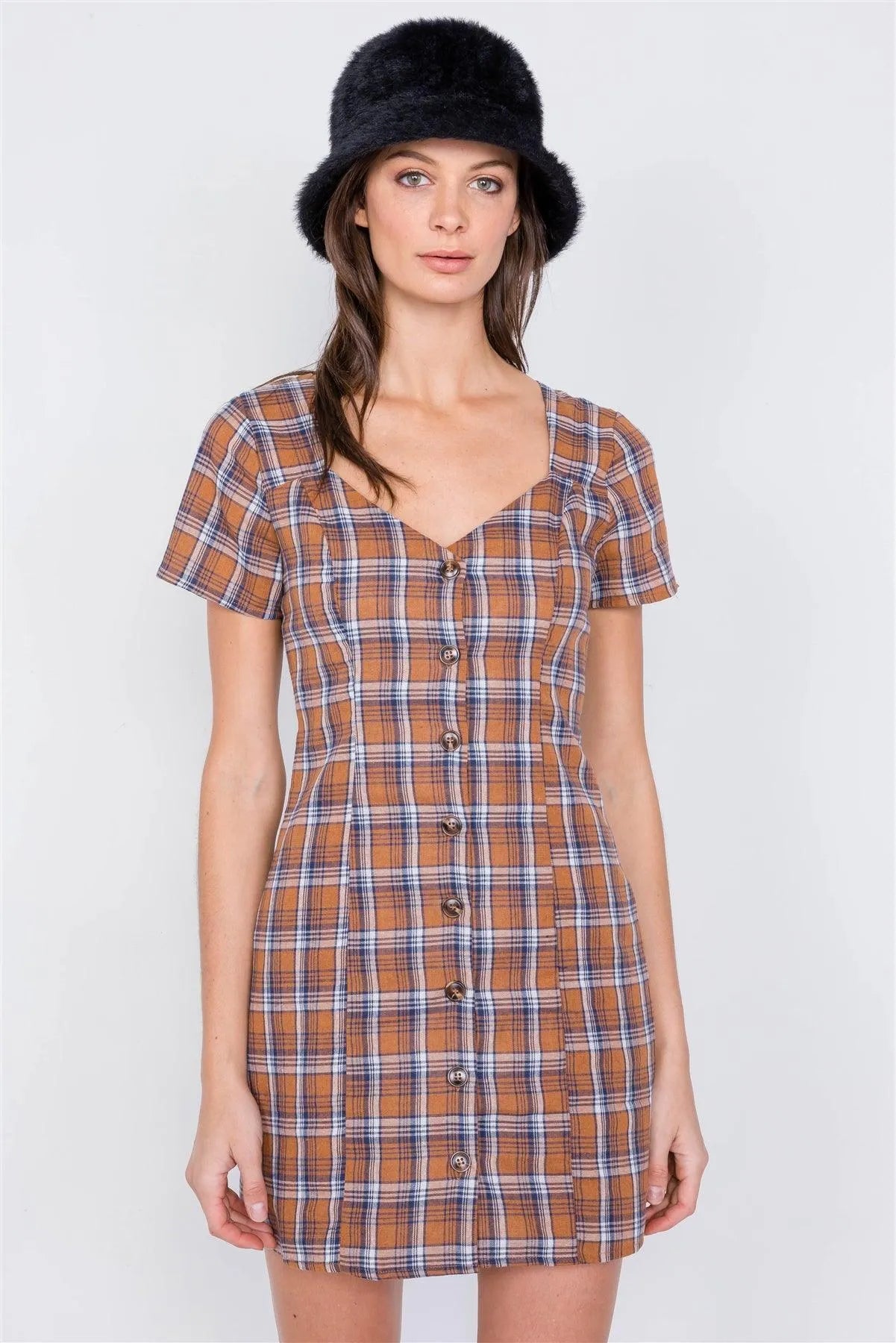 Brown Multi Checkered Stripe Casual Open Back Vintage Mini Dress /3-2-1 - Tasha Apparel Wholesale