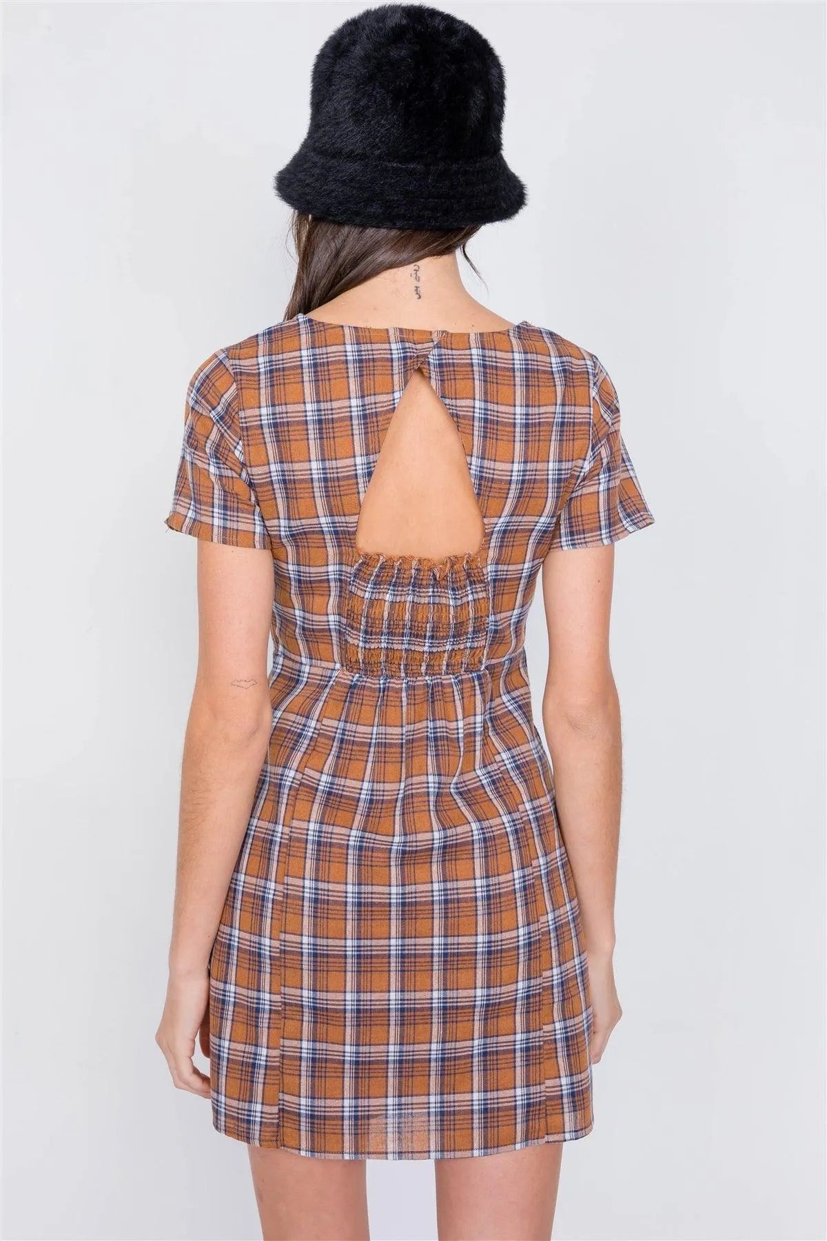 Brown Multi Checkered Stripe Casual Open Back Vintage Mini Dress /3-2-1 - Tasha Apparel Wholesale