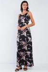 Black Multicolor Satin Floral Print Sleeveless V-Neck Self-Tie Back Detail Tube Maxi Dress - Tasha Apparel Wholesale