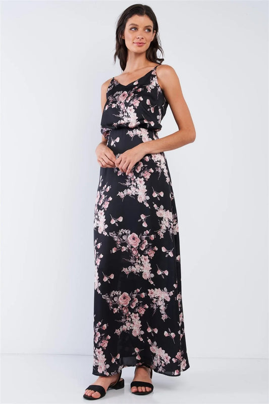 Black Multicolor Satin Floral Print Sleeveless V-Neck Self-Tie Back Detail Tube Maxi Dress - Tasha Apparel Wholesale