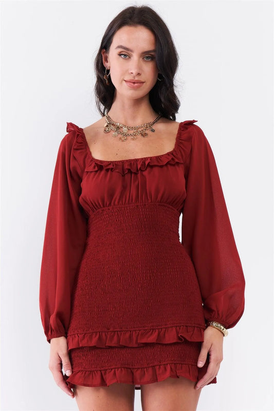 Crimson Red Smock Corset Detail Ruffle Hem Off-The-Shoulder Balloon Sleeve Mini Dress /3-2-1 - Tasha Apparel Wholesale