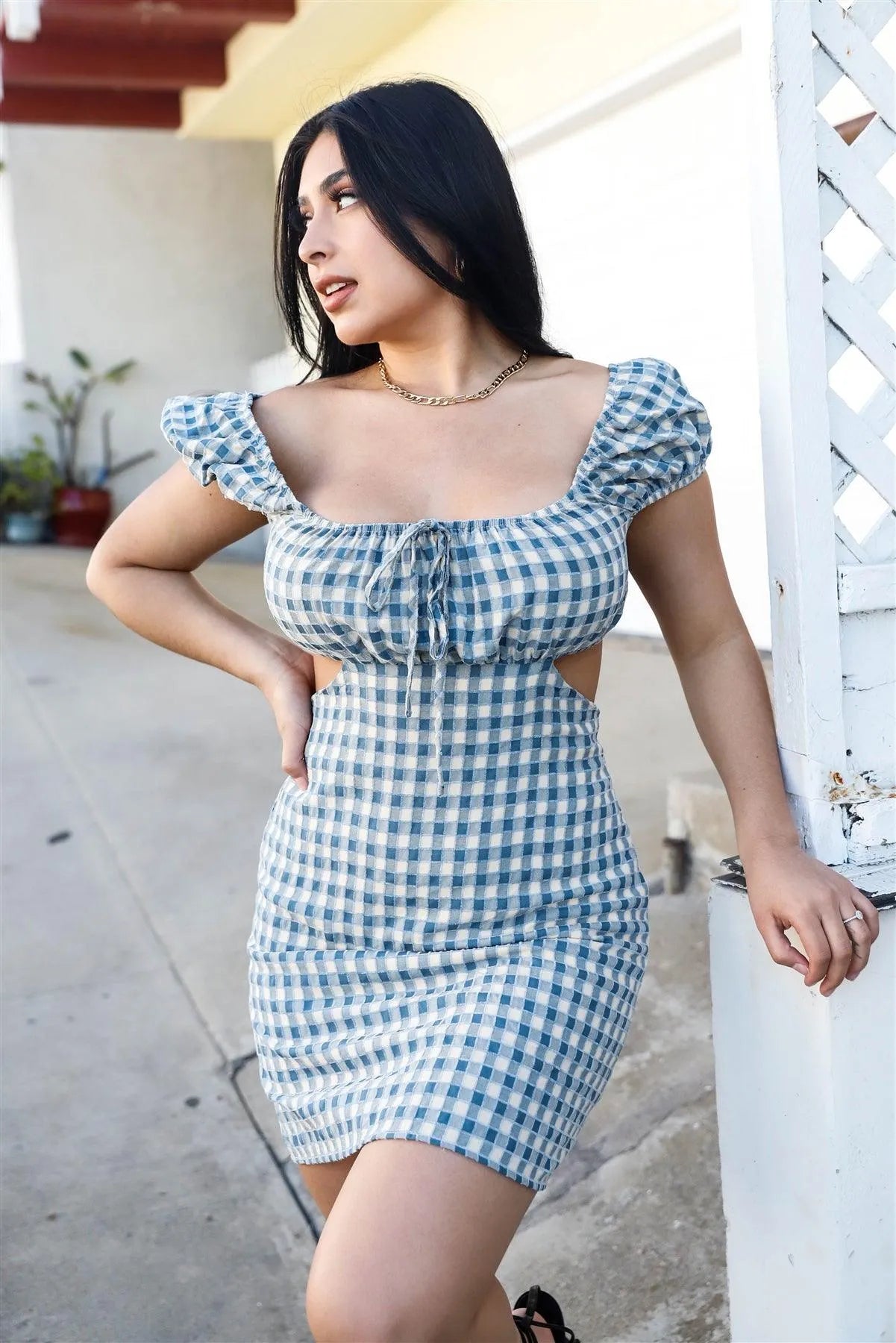 Cream & Blue Plaid Textured Cotton Back Cut-Out Detail Mini Dress /3-2-1 - Tasha Apparel Wholesale