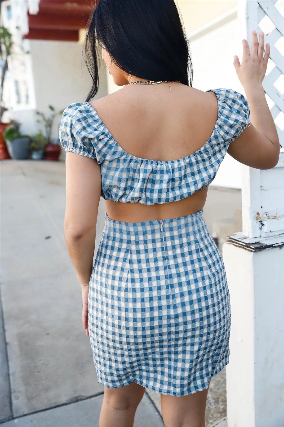 Cream & Blue Plaid Textured Cotton Back Cut-Out Detail Mini Dress /3-2-1 - Tasha Apparel Wholesale