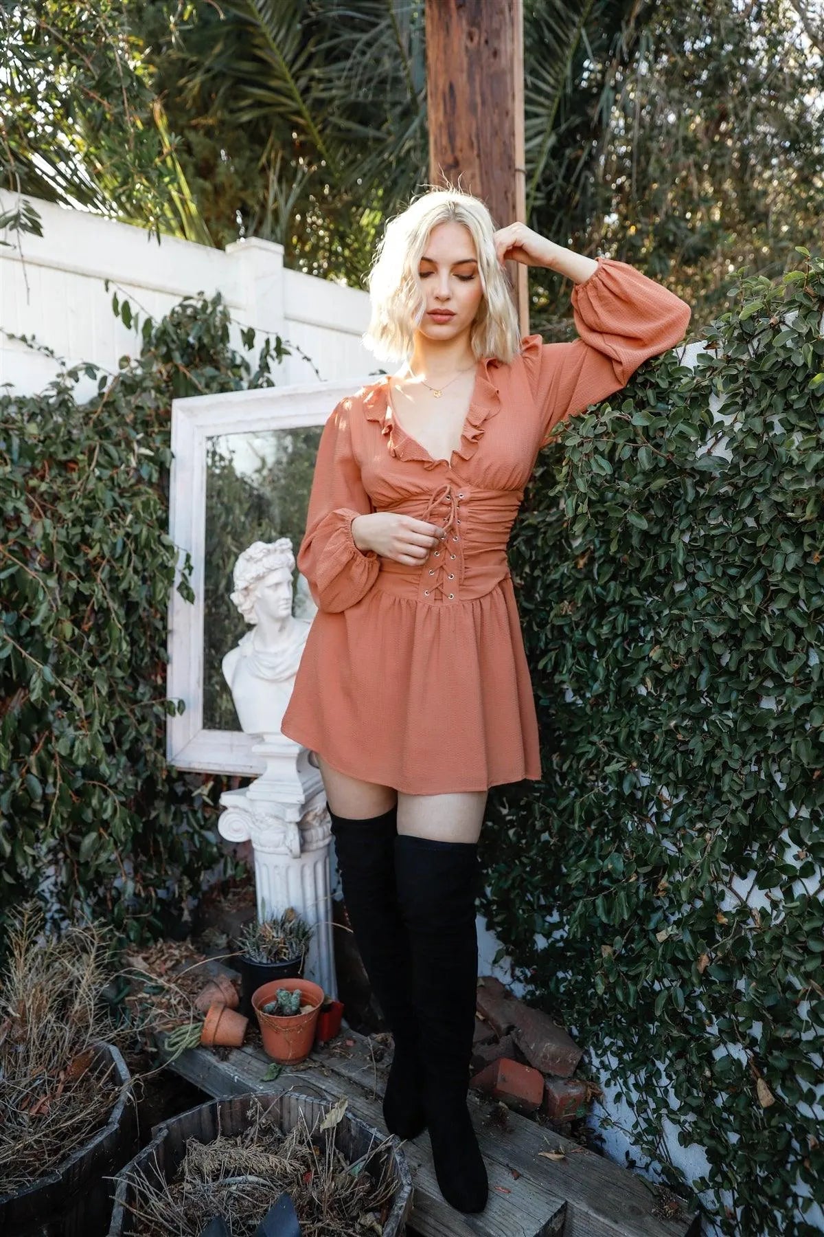 Ginger Textured Lace Up Waist Ruffled Collar Mini Dress /3-2-1 - Tasha Apparel Wholesale