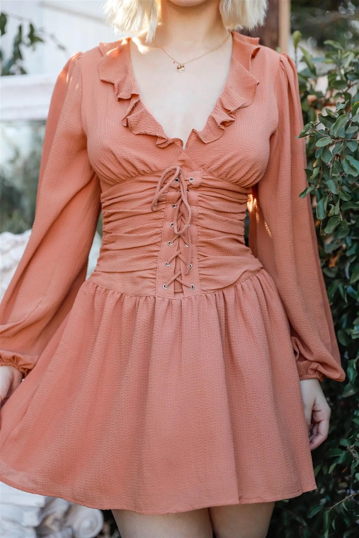 Ginger Textured Lace Up Waist Ruffled Collar Mini Dress /3-2-1 - Tasha Apparel Wholesale