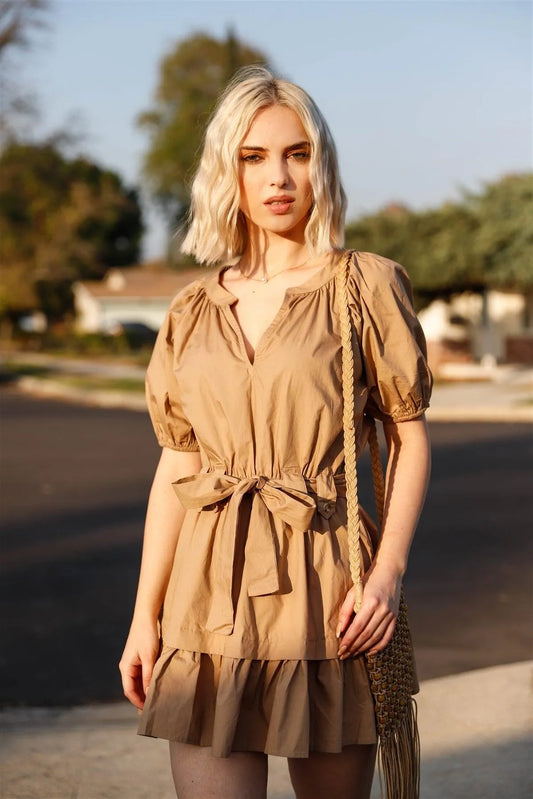 Sand Cotton Puff Short Sleeve Waist Tie Mini Dress /3-2-1 - Tasha Apparel Wholesale