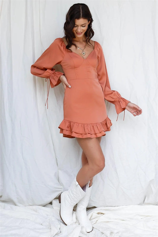 Dusty Orange Satin Effect Bustier Ruffle Trim Long Balloon Sleeve Mini Dress /4-2-1 - Tasha Apparel Wholesale