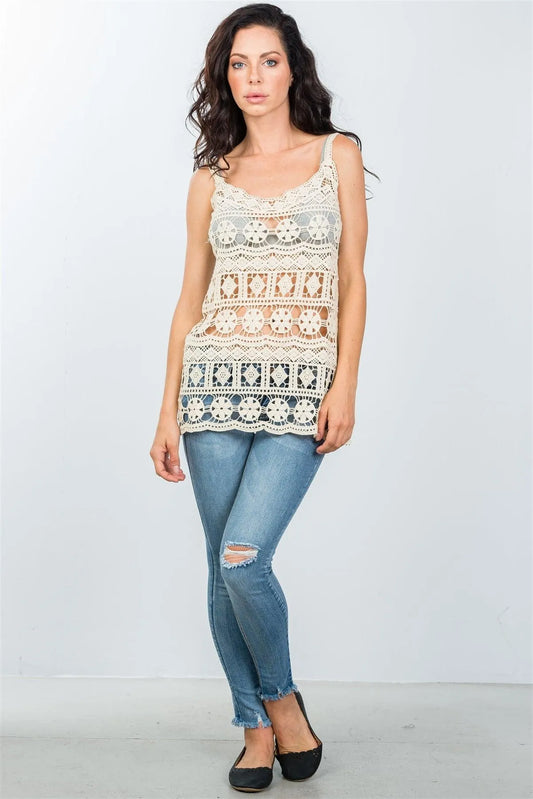 Boho Beige All Crochet Tank Top /2-2-2 - Tasha Apparel Wholesale