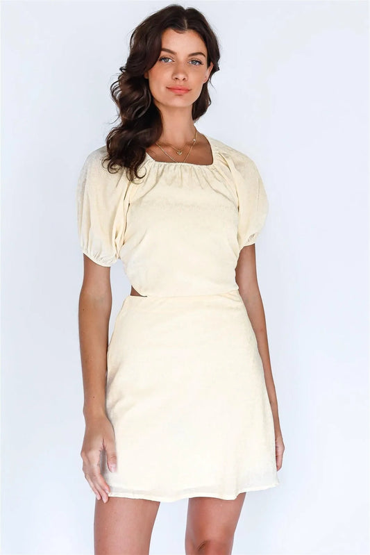 Cream Satin Effect Floral Print Open Back Self-Tie Detail Balloon Short Sleeve Mini Dress /3-2-1 - Tasha Apparel Wholesale
