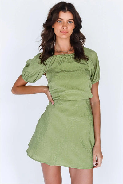 Light Green Satin Effect Floral Print Open Back Self-Tie Detail Balloon  Short Sleeve Mini Dress /3-2-1