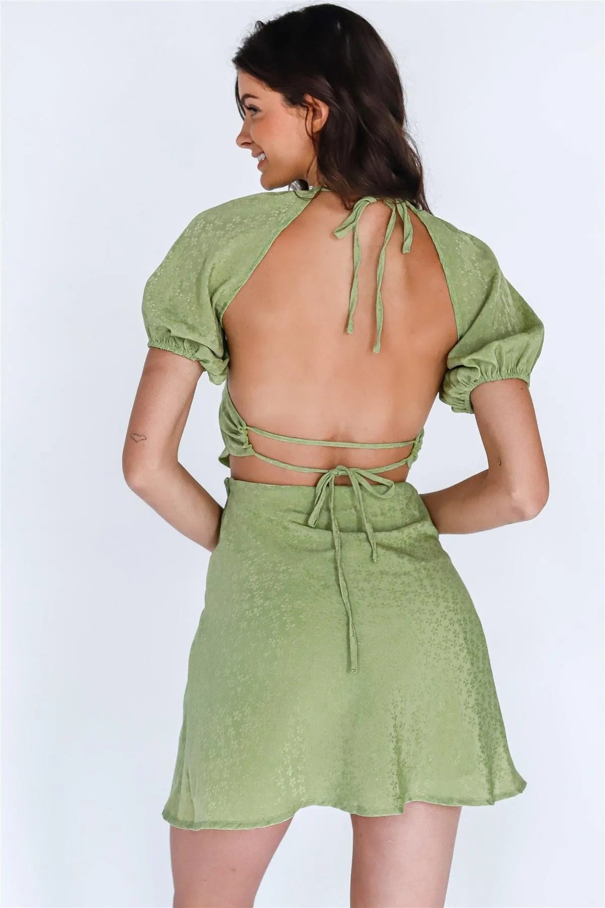 Light Green Satin Effect Floral Print Open Back Self-Tie Detail Balloon Short Sleeve Mini Dress /3-2-1 Light Green Satin Effect Floral Print Open Back Self-Tie Detail Balloon Short Sleeve Mini Dress /3-2-1