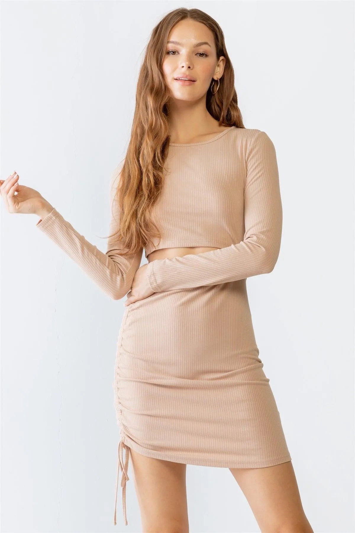 Nude Ribbed Cut-Out Long Sleeve Ruched Mini Dress S-M-L/3-2-1 - Tasha Apparel Wholesale