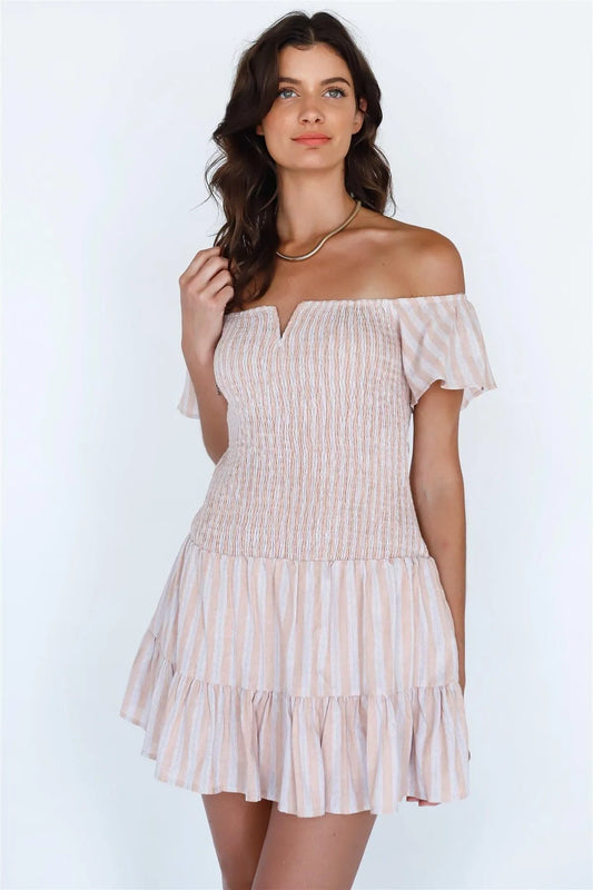 Taupe Tan Stripe Off-The-Shoulder Sleeve Mini Dress /2-2-1 - Tasha Apparel Wholesale