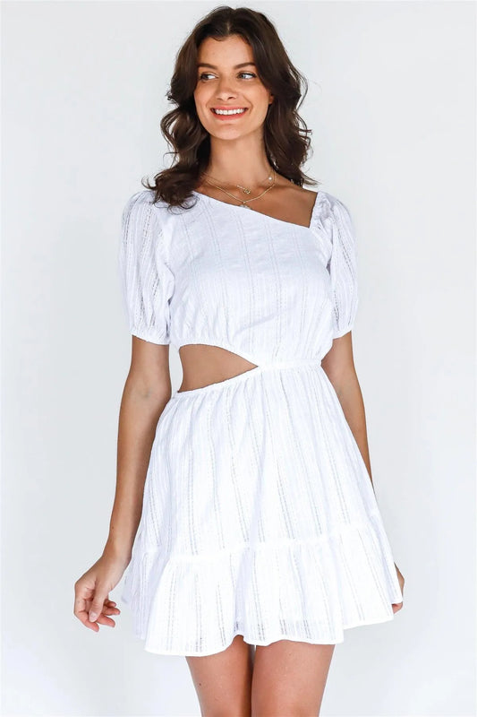 White Cotton Embroidered Asymmetrical Neck Cut-Out Mini Dress /3-2-1 - Tasha Apparel Wholesale