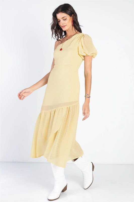Yellow Textured One Shoulder Flare Hem Midi Dress /3-2-1 - Tasha Apparel Wholesale