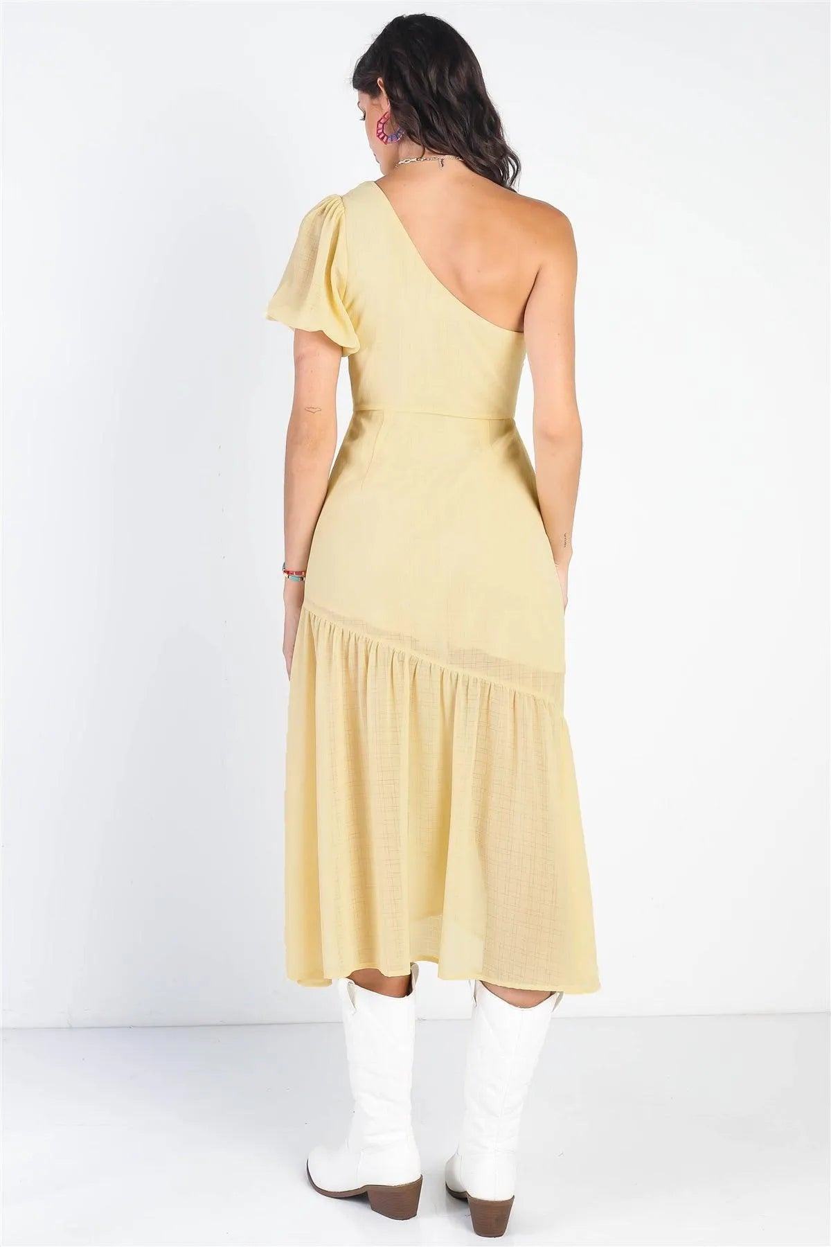Yellow Textured One Shoulder Flare Hem Midi Dress /3-2-1 - Tasha Apparel Wholesale